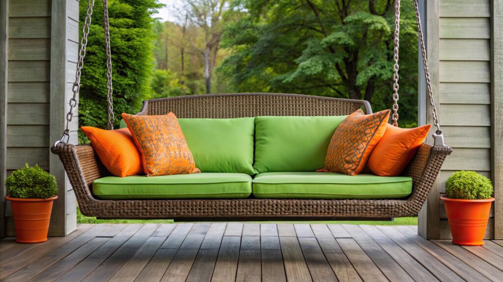 A wicker swing with colorful cushions.