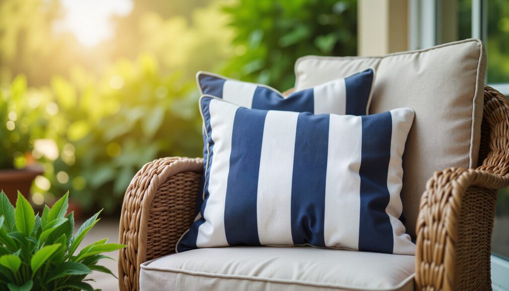 Navy and white striped pillows on a wicker chair.