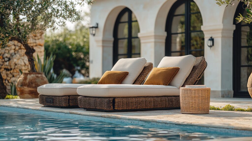 Wicker lounge chairs by a pool.
