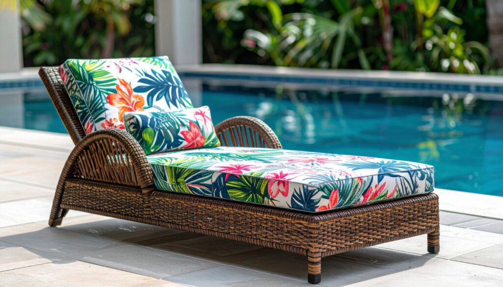 A wicker chaise lounge at a poolside.