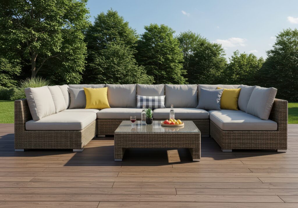 An outdoor, wicker sectional.