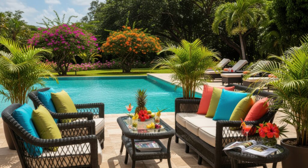 Colorful outdoor cushions on poolside furniture.