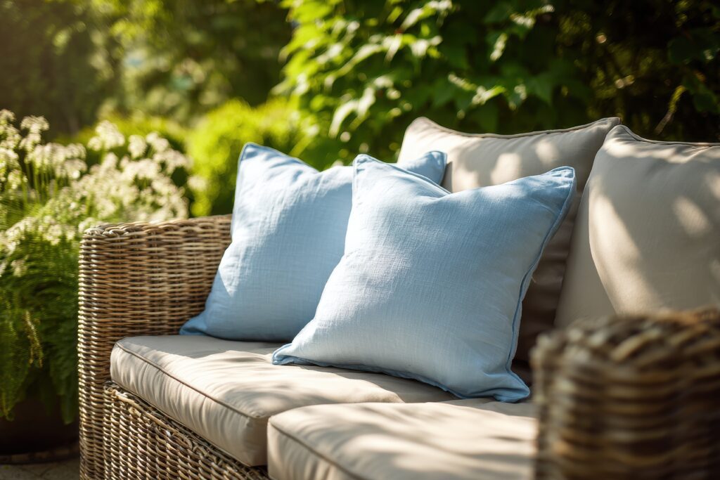 A close-up of cushions on an outdoor, wicker loveseat.
