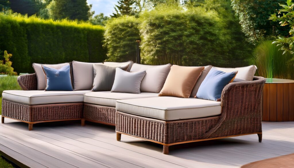 An outdoor wicker sectional.