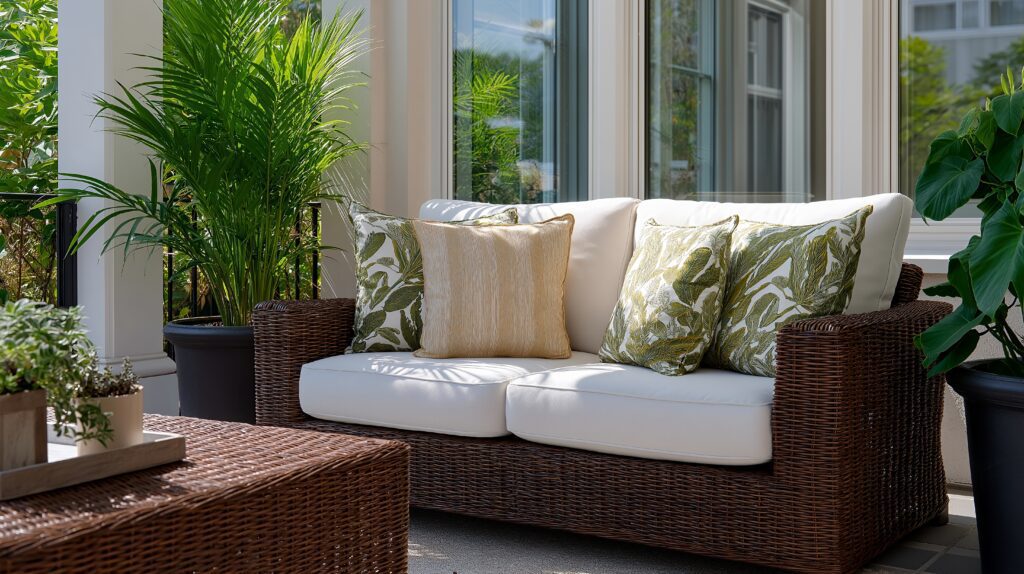 A tropical-style patio with wicker furniture.