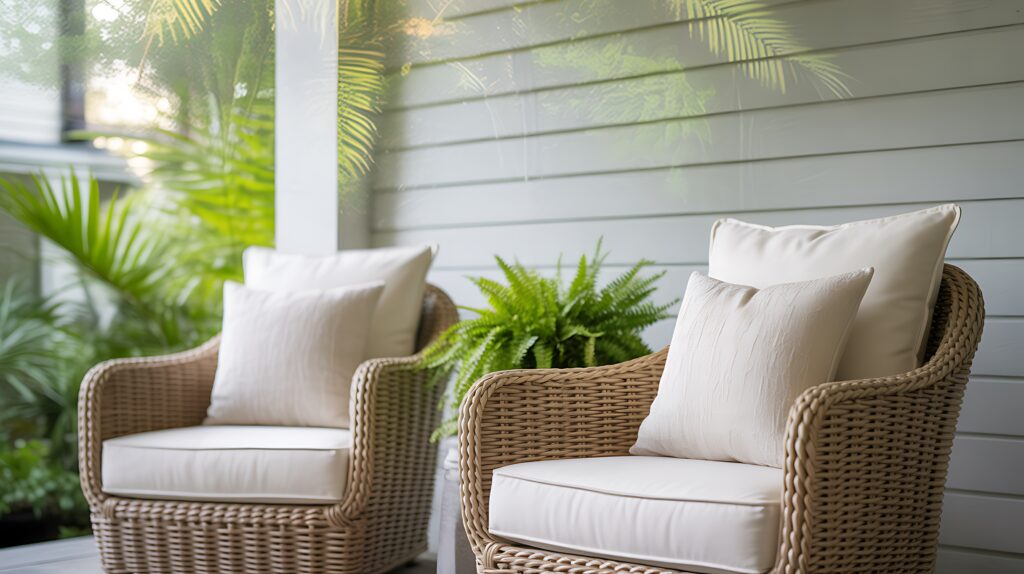 Two wicker patio chairs with new outdoor cushions.