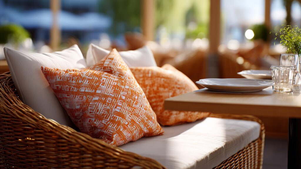 Orange and white patio dining pillows.
