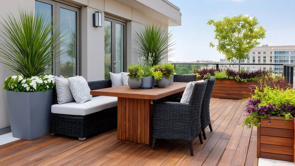 A patio dining setup with outdoor cushions.
